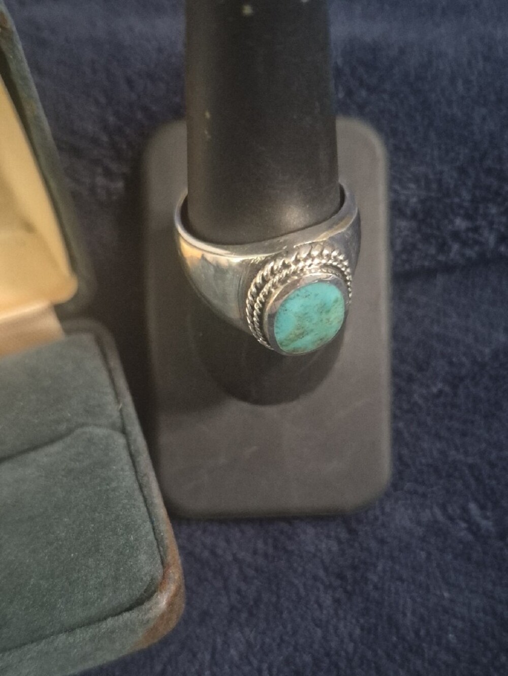 Turquoise Stone Men's Silver Ring - Blue Green Oval Cabochon - Picture 8 of 11